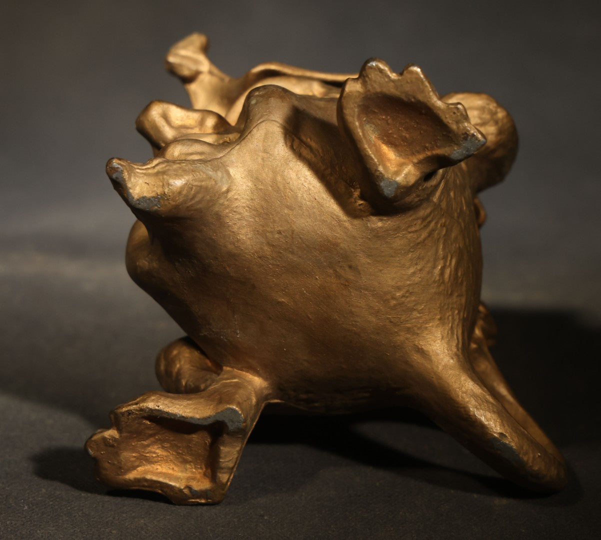 Vintage Reproduction Cast Metal Imp Inkwell and Pen Rest with Bat-Wing Lid and Frog Finial, Repainted Gold