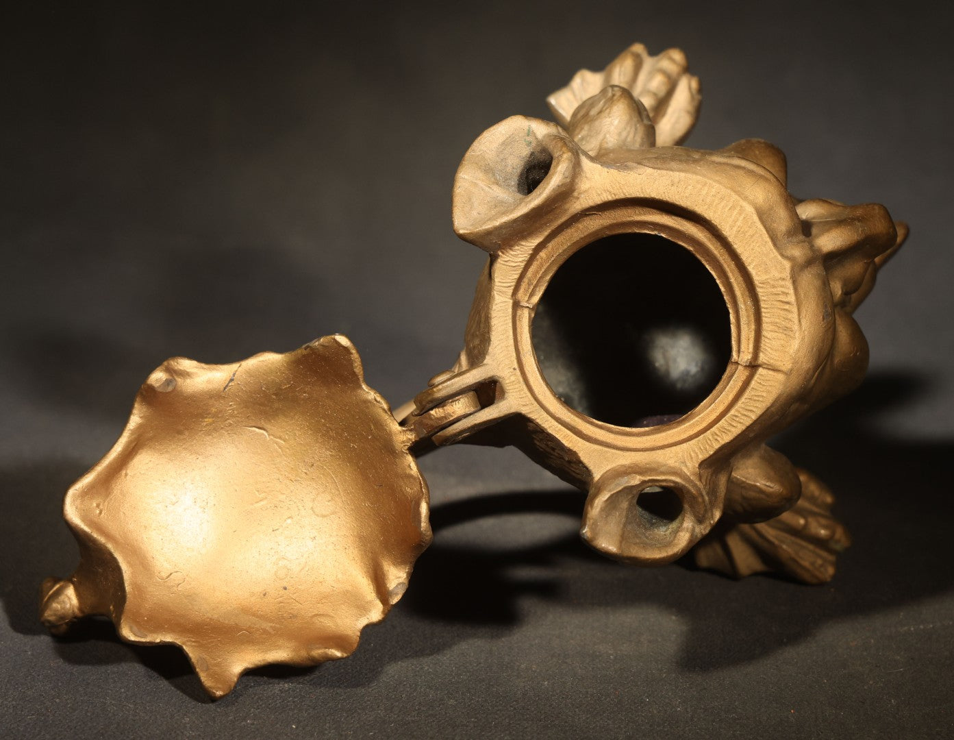 Vintage Reproduction Cast Metal Imp Inkwell and Pen Rest with Bat-Wing Lid and Frog Finial, Repainted Gold