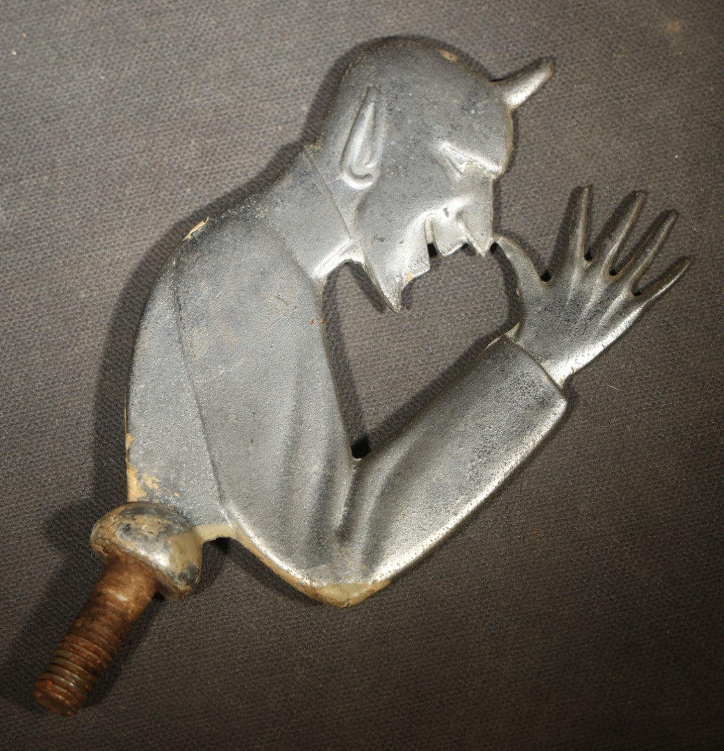 Vintage Cast Metal Devil "Cock a Snook" Hot Rod Hood Ornament, Thumbing Nose Pose