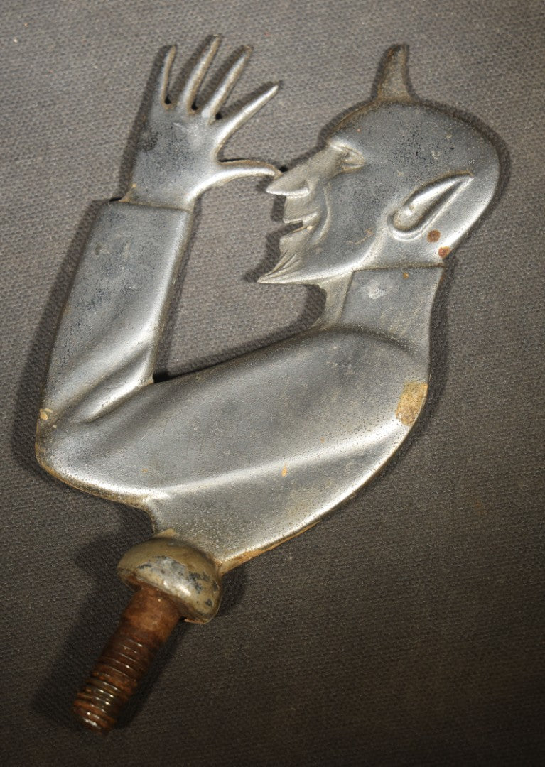 Vintage Cast Metal Devil "Cock a Snook" Hot Rod Hood Ornament, Thumbing Nose Pose