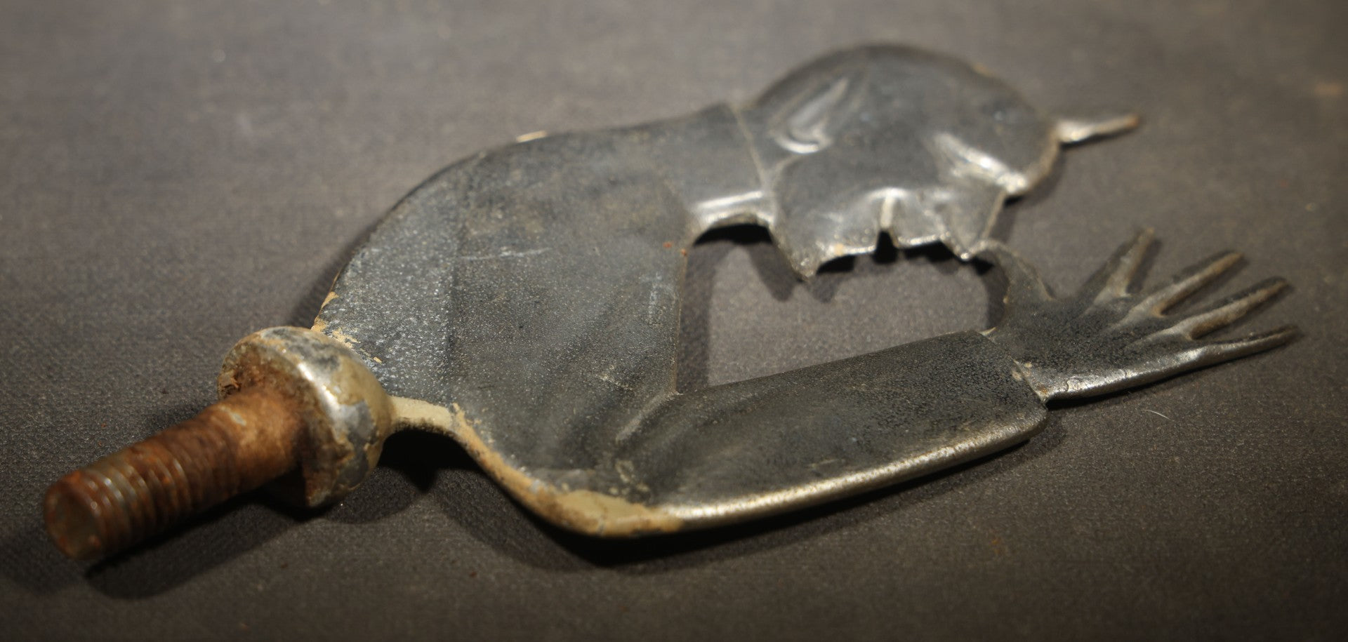 Vintage Cast Metal Devil "Cock a Snook" Hot Rod Hood Ornament, Thumbing Nose Pose