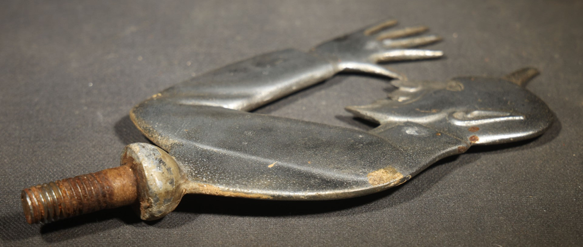 Vintage Cast Metal Devil "Cock a Snook" Hot Rod Hood Ornament, Thumbing Nose Pose