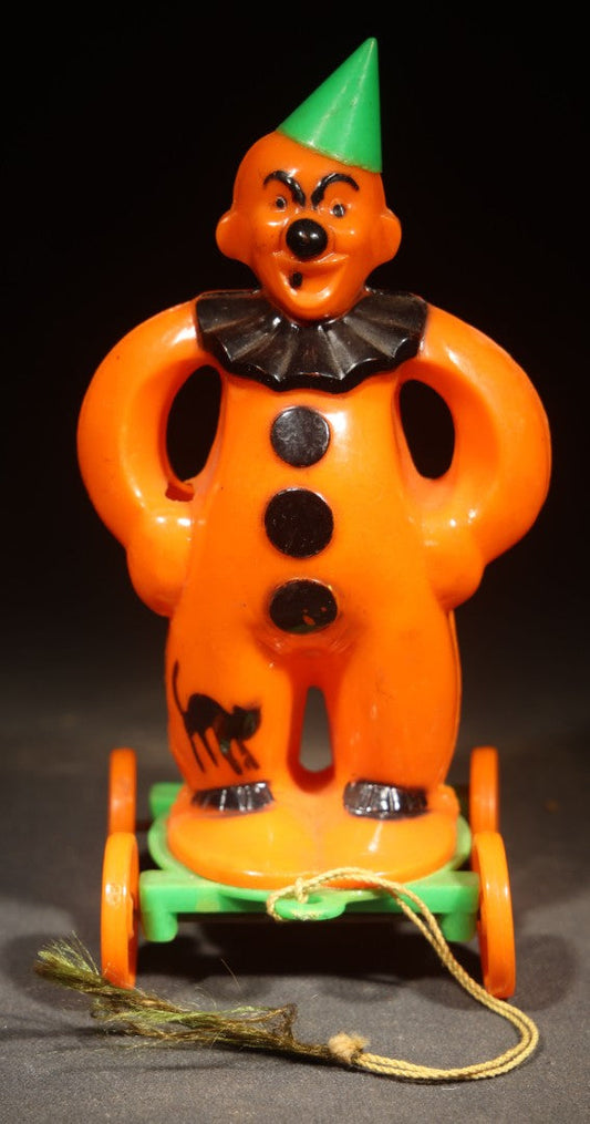 Vintage Plastic Halloween Clown Pull Toy Candy Container, Circa 1950s, Manufactured by Rosbro Plastics, Pawtucket, Rhode Island (Green Hat & Base)