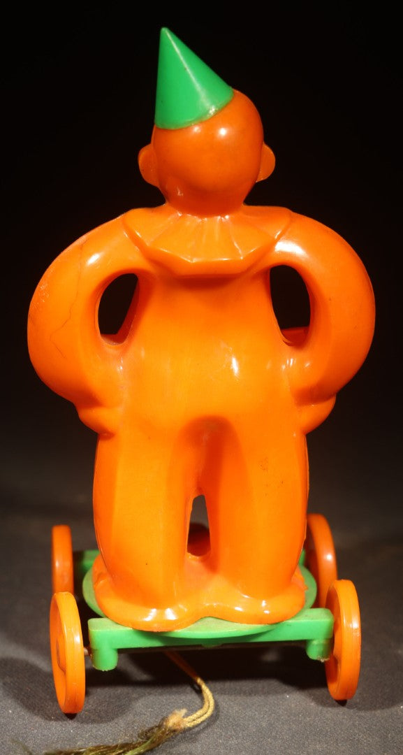 Vintage Plastic Halloween Clown Pull Toy Candy Container, Circa 1950s, Manufactured by Rosbro Plastics, Pawtucket, Rhode Island (Green Hat & Base)