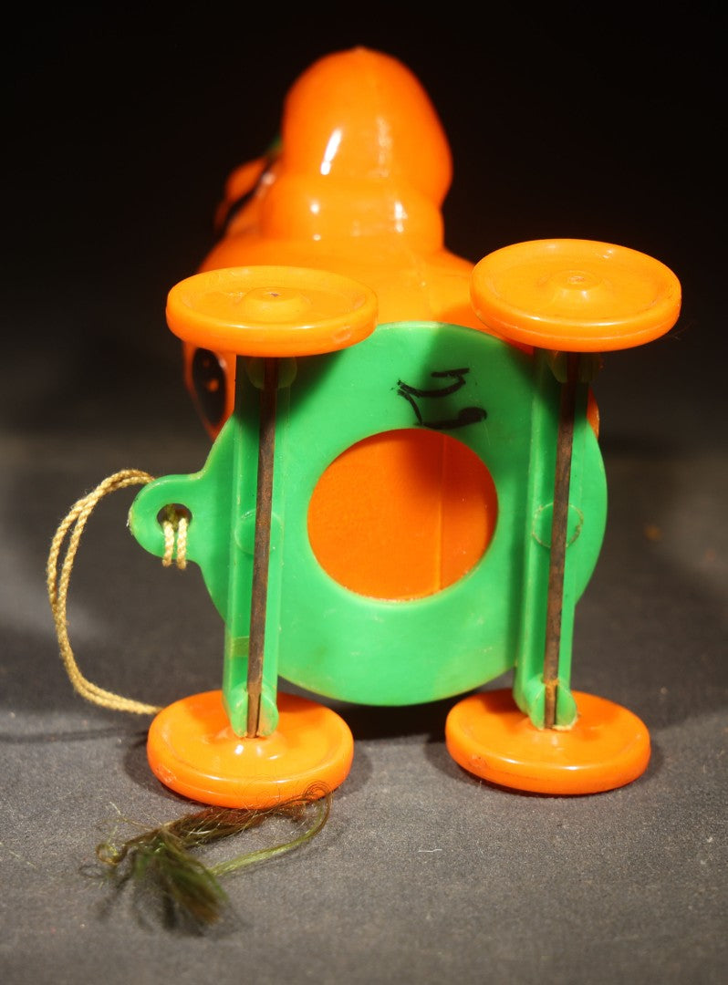 Vintage Plastic Halloween Clown Pull Toy Candy Container, Circa 1950s, Manufactured by Rosbro Plastics, Pawtucket, Rhode Island (Green Hat & Base)