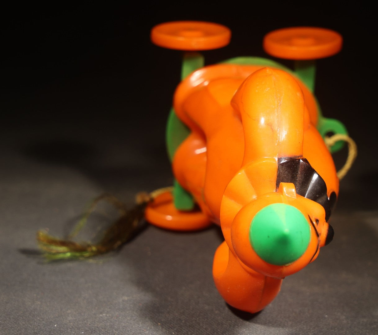 Vintage Plastic Halloween Clown Pull Toy Candy Container, Circa 1950s, Manufactured by Rosbro Plastics, Pawtucket, Rhode Island (Green Hat & Base)