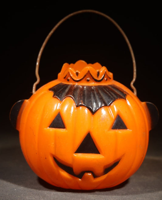 Vintage Plastic Halloween Jack-O-Lantern Pumpkin Candy Container with Crown, Circa 1950s, Manufactured by Rosbro Plastics, Pawtucket, Rhode Island