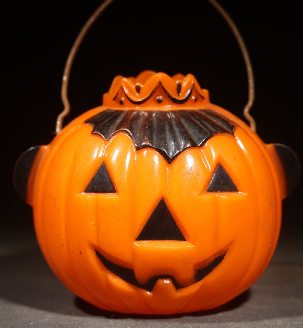 Vintage Plastic Halloween Jack-O-Lantern Pumpkin Candy Container with Crown, Circa 1950s, Manufactured by Rosbro Plastics, Pawtucket, Rhode Island