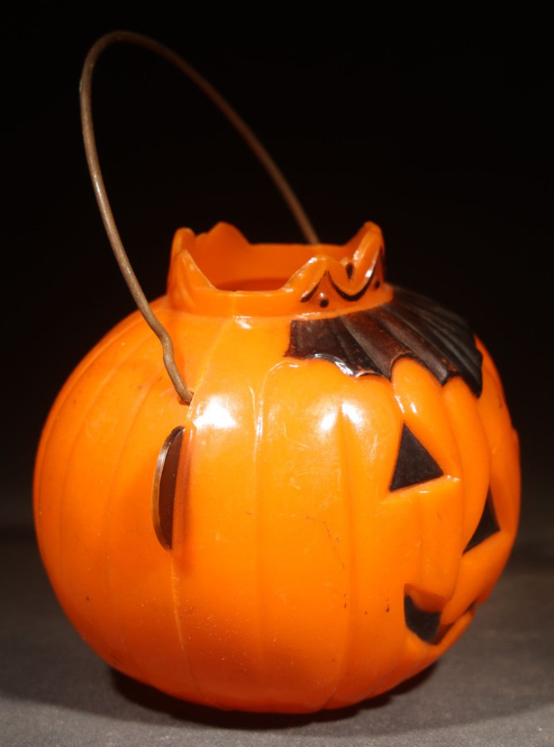Vintage Plastic Halloween Jack-O-Lantern Pumpkin Candy Container with Crown, Circa 1950s, Manufactured by Rosbro Plastics, Pawtucket, Rhode Island