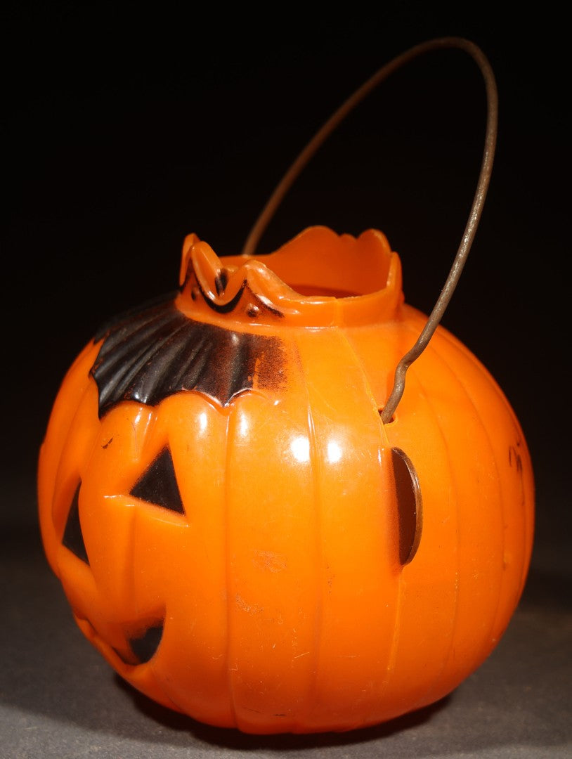 Vintage Plastic Halloween Jack-O-Lantern Pumpkin Candy Container with Crown, Circa 1950s, Manufactured by Rosbro Plastics, Pawtucket, Rhode Island
