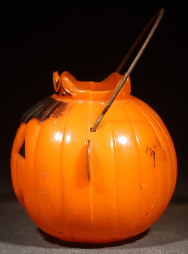 Vintage Plastic Halloween Jack-O-Lantern Pumpkin Candy Container with Crown, Circa 1950s, Manufactured by Rosbro Plastics, Pawtucket, Rhode Island