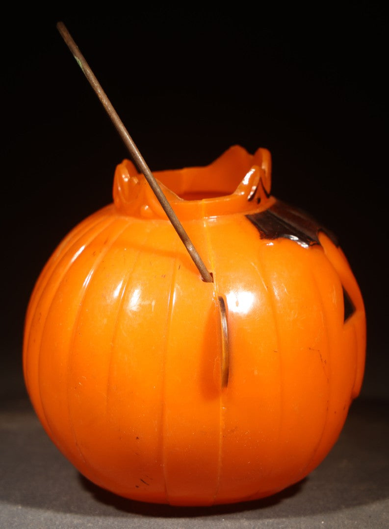 Vintage Plastic Halloween Jack-O-Lantern Pumpkin Candy Container with Crown, Circa 1950s, Manufactured by Rosbro Plastics, Pawtucket, Rhode Island