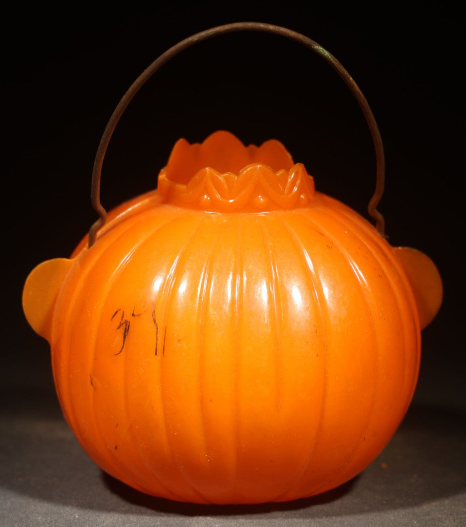 Vintage Plastic Halloween Jack-O-Lantern Pumpkin Candy Container with Crown, Circa 1950s, Manufactured by Rosbro Plastics, Pawtucket, Rhode Island