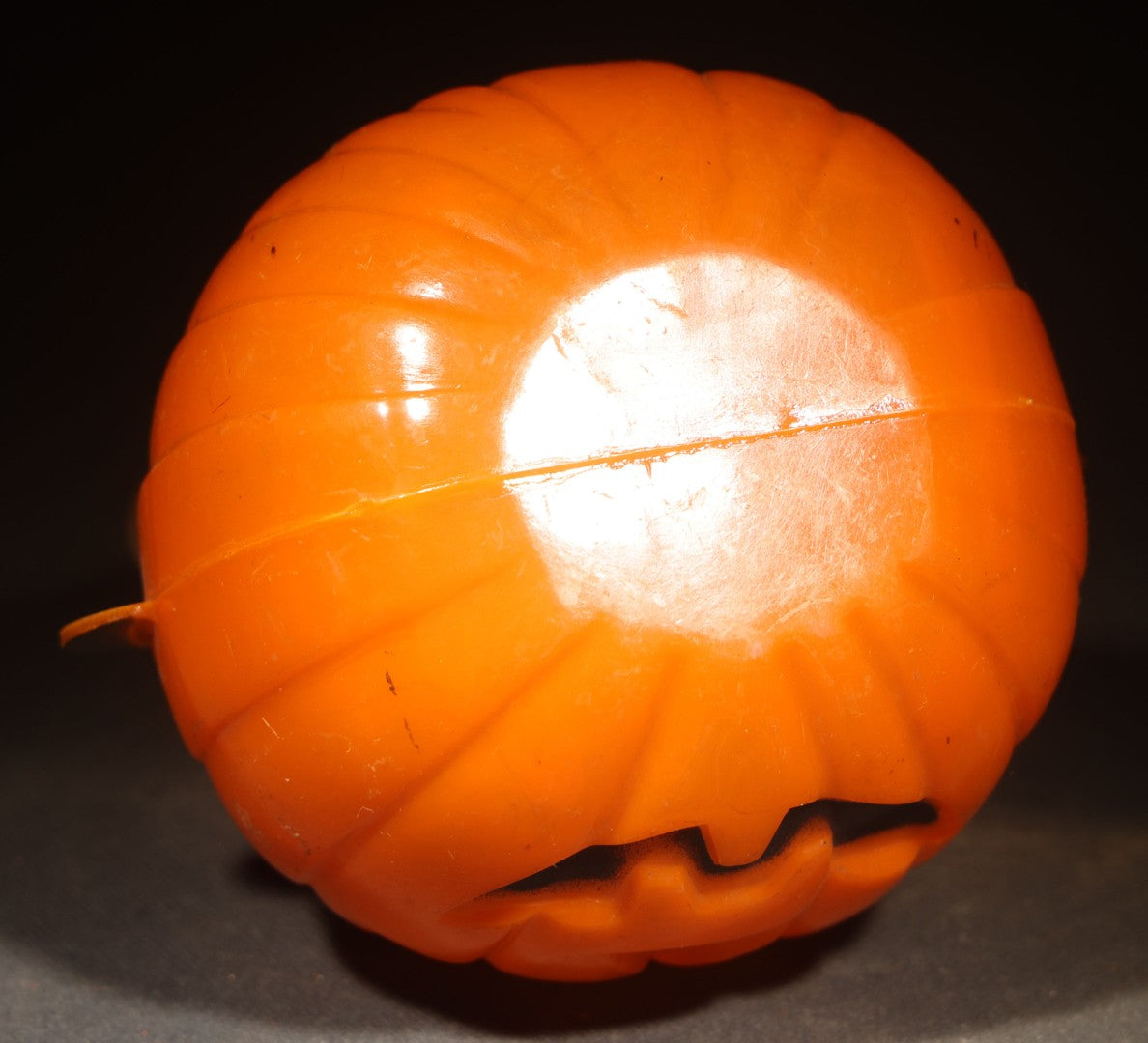 Vintage Plastic Halloween Jack-O-Lantern Pumpkin Candy Container with Crown, Circa 1950s, Manufactured by Rosbro Plastics, Pawtucket, Rhode Island