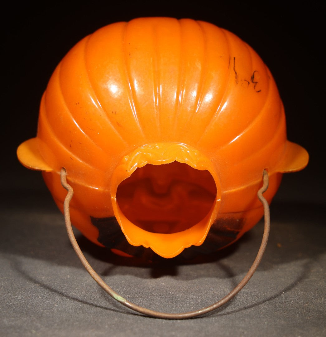 Vintage Plastic Halloween Jack-O-Lantern Pumpkin Candy Container with Crown, Circa 1950s, Manufactured by Rosbro Plastics, Pawtucket, Rhode Island