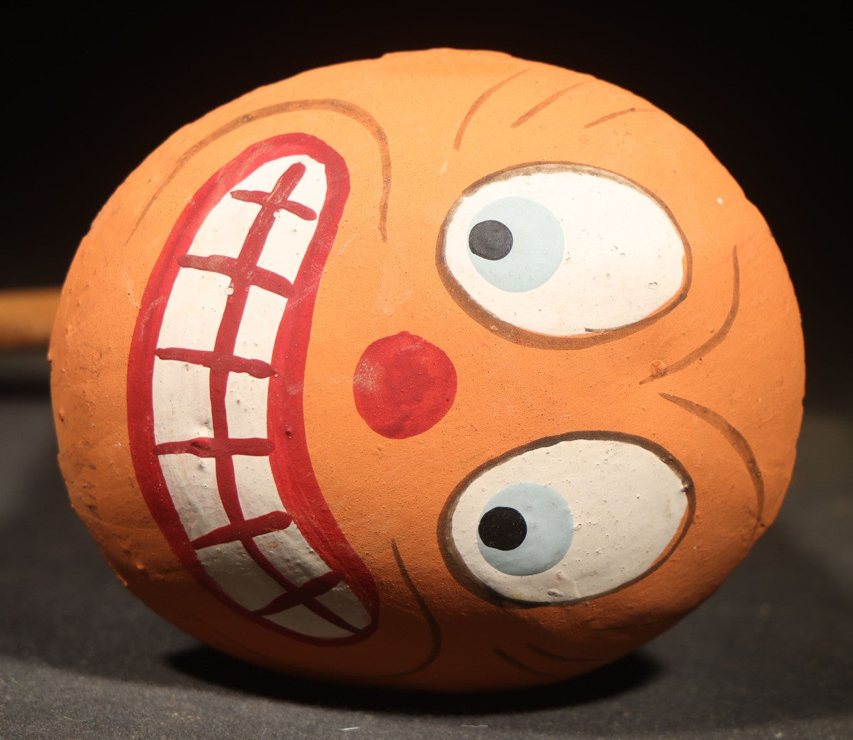 Vintage German Fantasy Reproduction Papier Mache / Molded Paper Halloween Jack-O-Lantern Pumpkin Ratchet Noisemaker with Wooden Handle, Circa 1990s