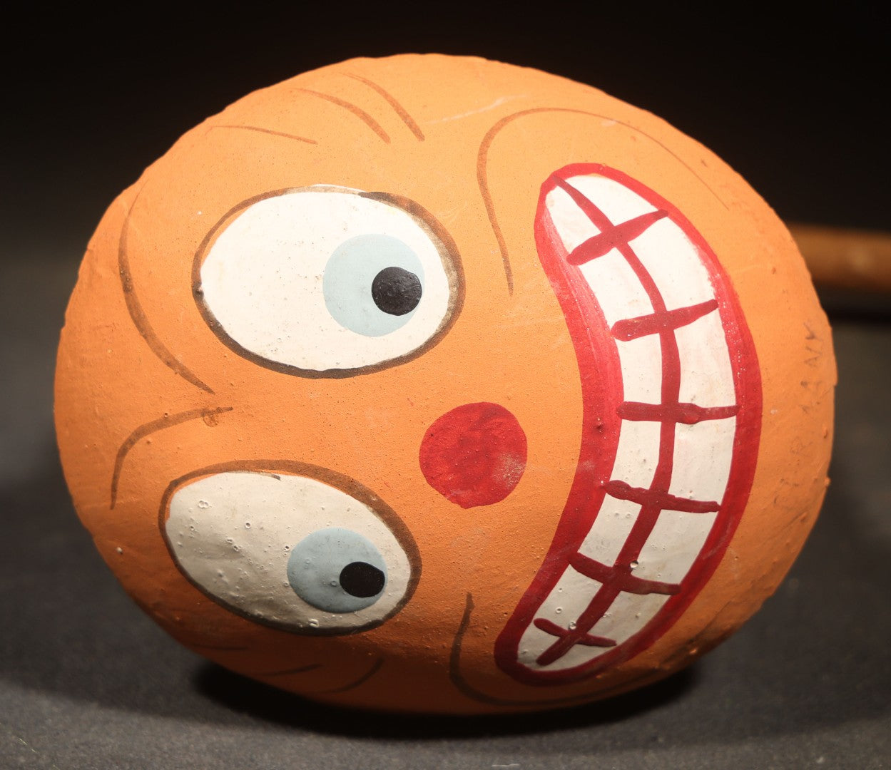 Vintage German Fantasy Reproduction Papier Mache / Molded Paper Halloween Jack-O-Lantern Pumpkin Ratchet Noisemaker with Wooden Handle, Circa 1990s