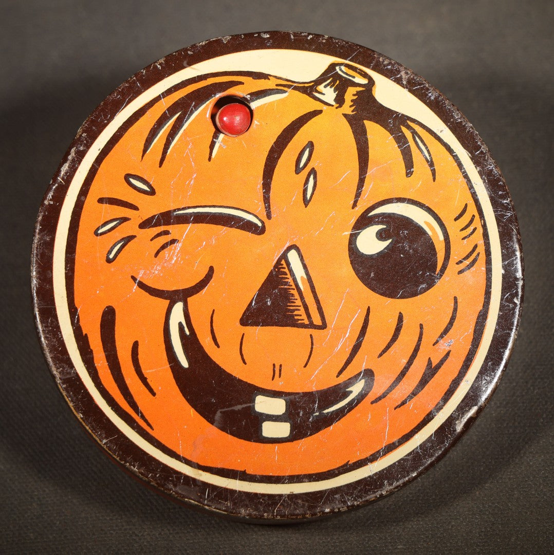Vintage Halloween Tin Lithograph Spinning Ratchet Noisemaker with Winking Jack-O-Lantern, Manufactured by Kirchhof, Newark, New Jersey, Made in U.S.A.
