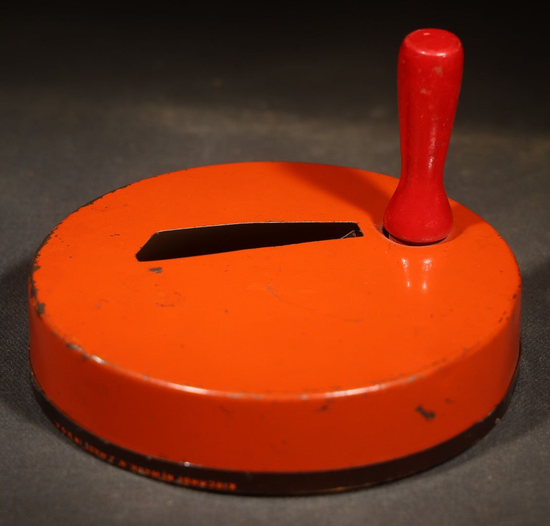 Vintage Halloween Tin Lithograph Spinning Ratchet Noisemaker with Winking Jack-O-Lantern, Manufactured by Kirchhof, Newark, New Jersey, Made in U.S.A.