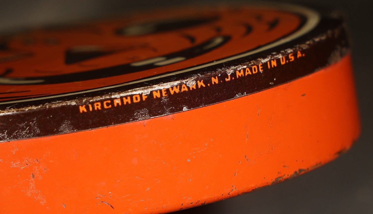 Vintage Halloween Tin Lithograph Spinning Ratchet Noisemaker with Winking Jack-O-Lantern, Manufactured by Kirchhof, Newark, New Jersey, Made in U.S.A.
