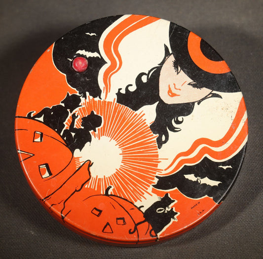 Vintage Halloween Tin Lithograph Spinning Ratchet Noisemaker with Witch, Jack-O-Lanterns, Bats, Black Cat, and Crescent Moon, Manufactured by Kirchhof, Newark, New Jersey, Made in U.S.A.