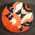 Lot 050 - Vintage Halloween Tin Lithograph Spinning Ratchet Noisemaker with Witch, Jack-O-Lanterns, Bats, Black Cat, and Crescent Moon, Manufactured by Kirchhof, Newark, New Jersey, Made in U.S.A., 4" W
