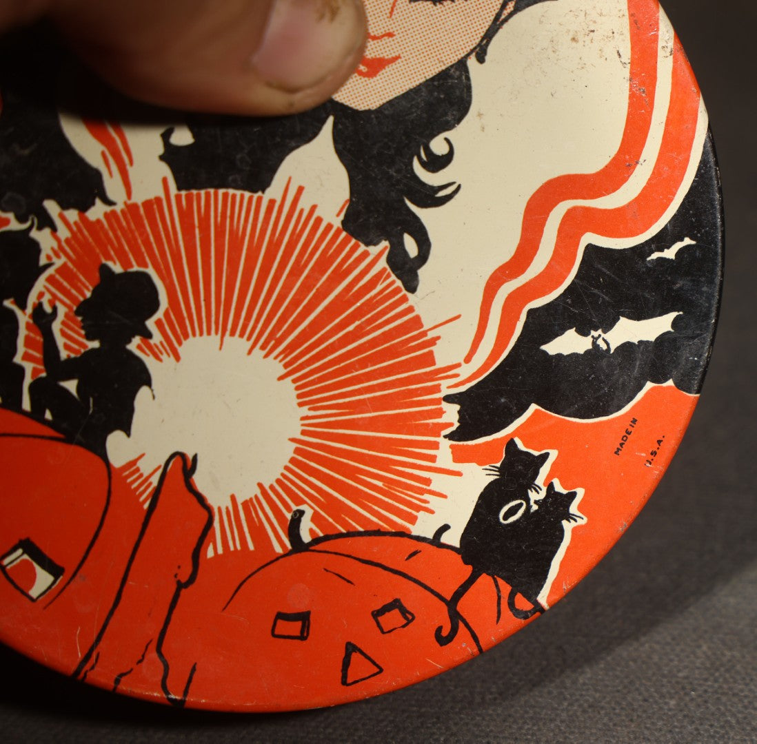 Vintage Halloween Tin Lithograph Spinning Ratchet Noisemaker with Witch, Jack-O-Lanterns, Bats, Black Cat, and Crescent Moon, Manufactured by Kirchhof, Newark, New Jersey, Made in U.S.A.