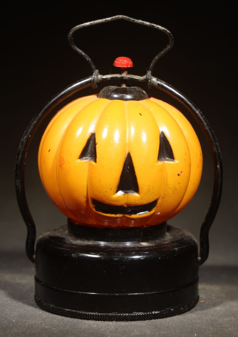 Vintage Glass and Metal Halloween Jack-O-Lantern Pumpkin Battery-Powered Lantern with Wire Bail Handle, Made in Hong Kong, Untested