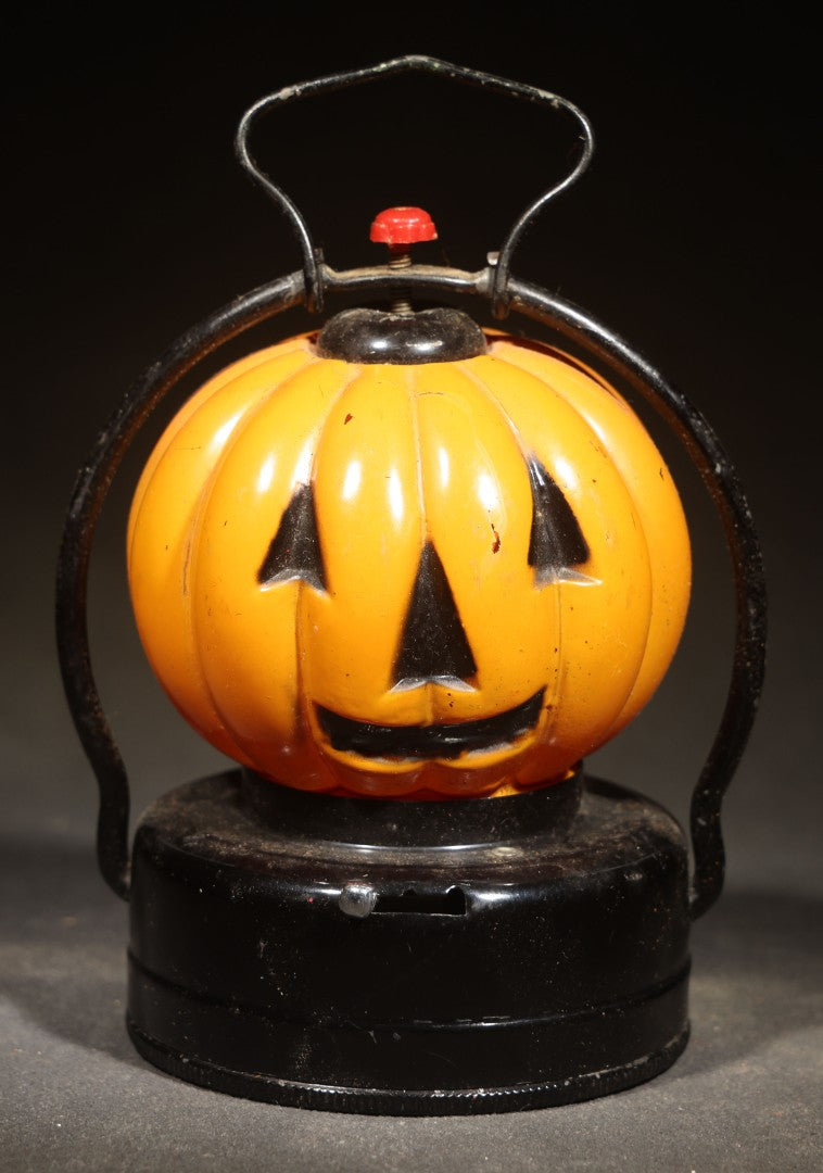 Vintage Glass and Metal Halloween Jack-O-Lantern Pumpkin Battery-Powered Lantern with Wire Bail Handle, Made in Hong Kong, Untested