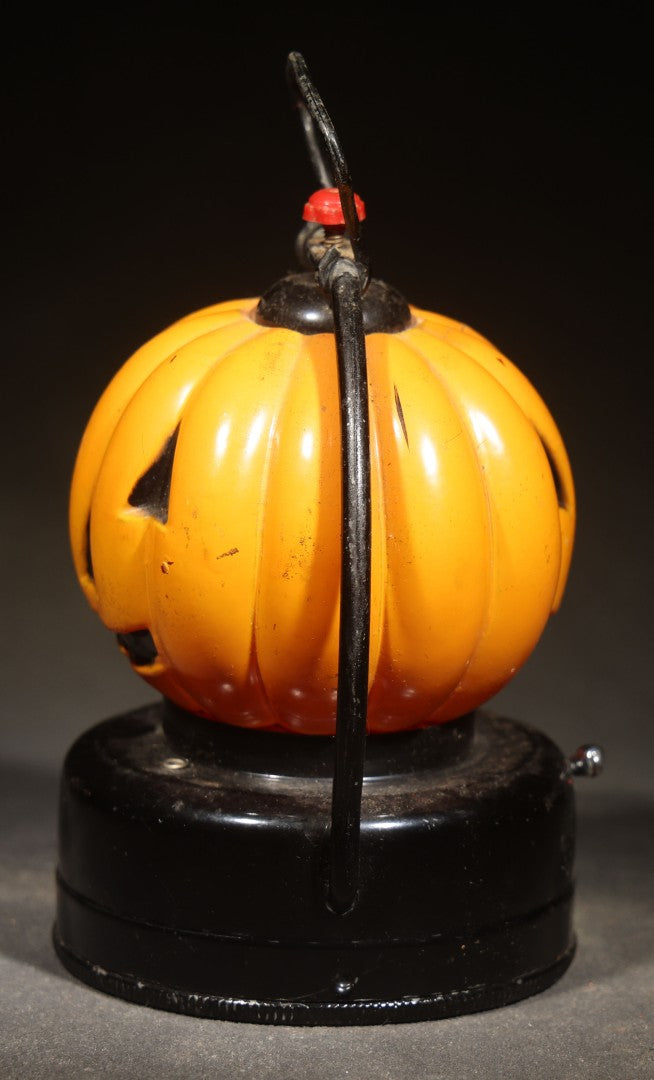Vintage Glass and Metal Halloween Jack-O-Lantern Pumpkin Battery-Powered Lantern with Wire Bail Handle, Made in Hong Kong, Untested