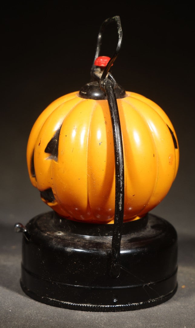Vintage Glass and Metal Halloween Jack-O-Lantern Pumpkin Battery-Powered Lantern with Wire Bail Handle, Made in Hong Kong, Untested