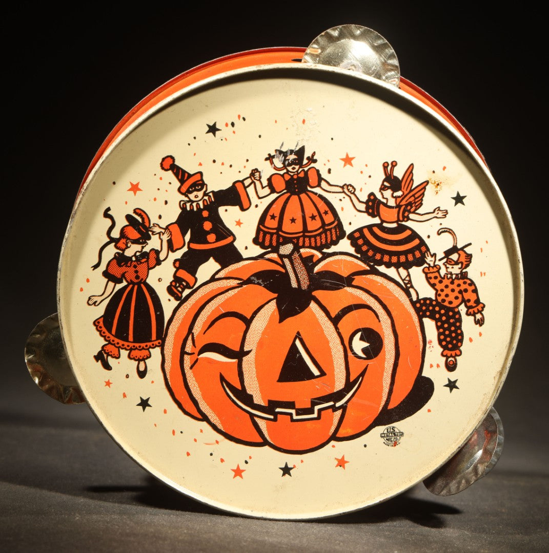 Vintage Halloween Tin Lithograph Toy Tambourine Noisemaker with Jack-O-Lantern Pumpkin and Costume Parade Graphics, Manufactured by U.S. Metal Toy Mfg. Co., Made in U.S.A.