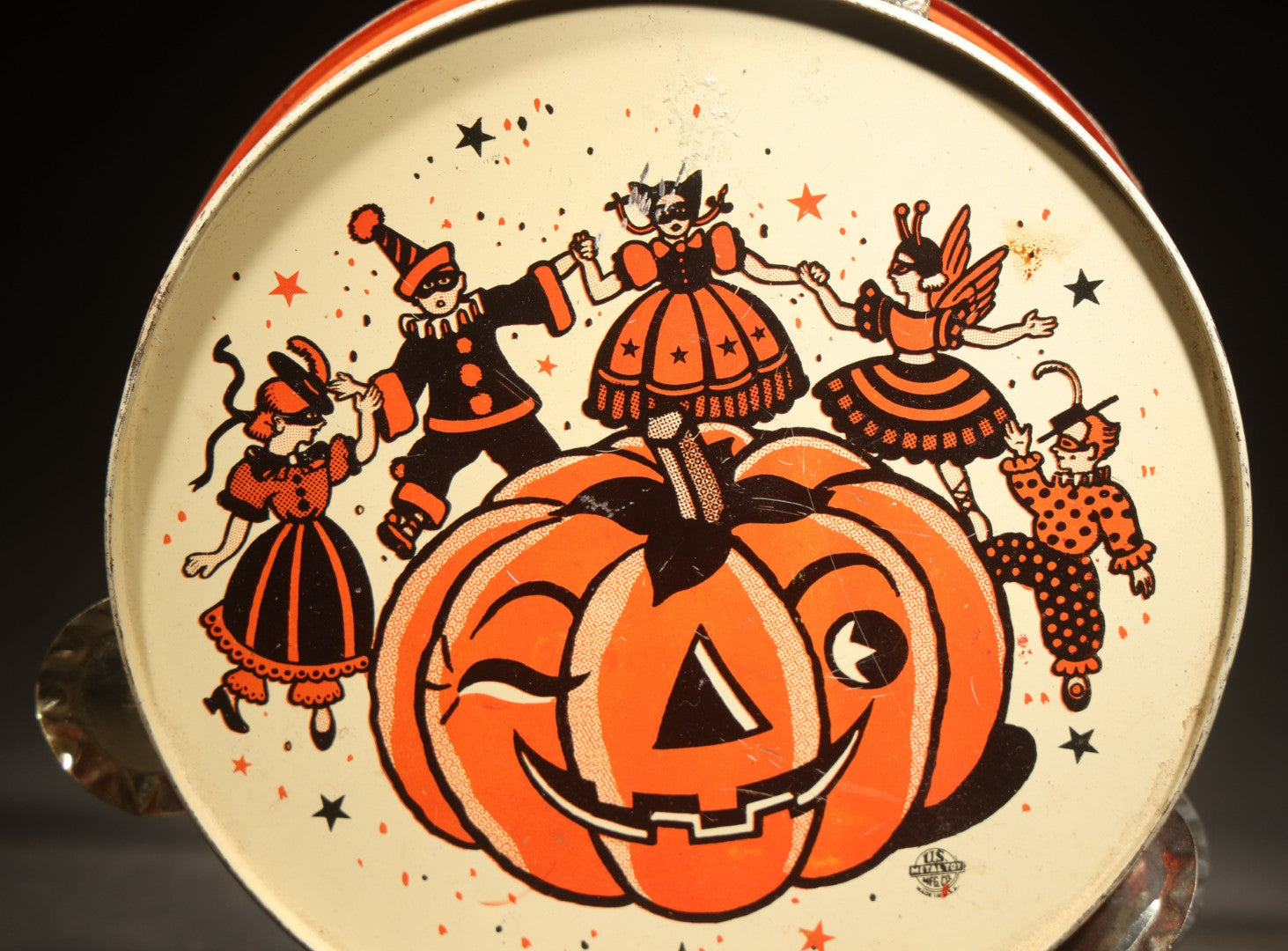 Vintage Halloween Tin Lithograph Toy Tambourine Noisemaker with Jack-O-Lantern Pumpkin and Costume Parade Graphics, Manufactured by U.S. Metal Toy Mfg. Co., Made in U.S.A.