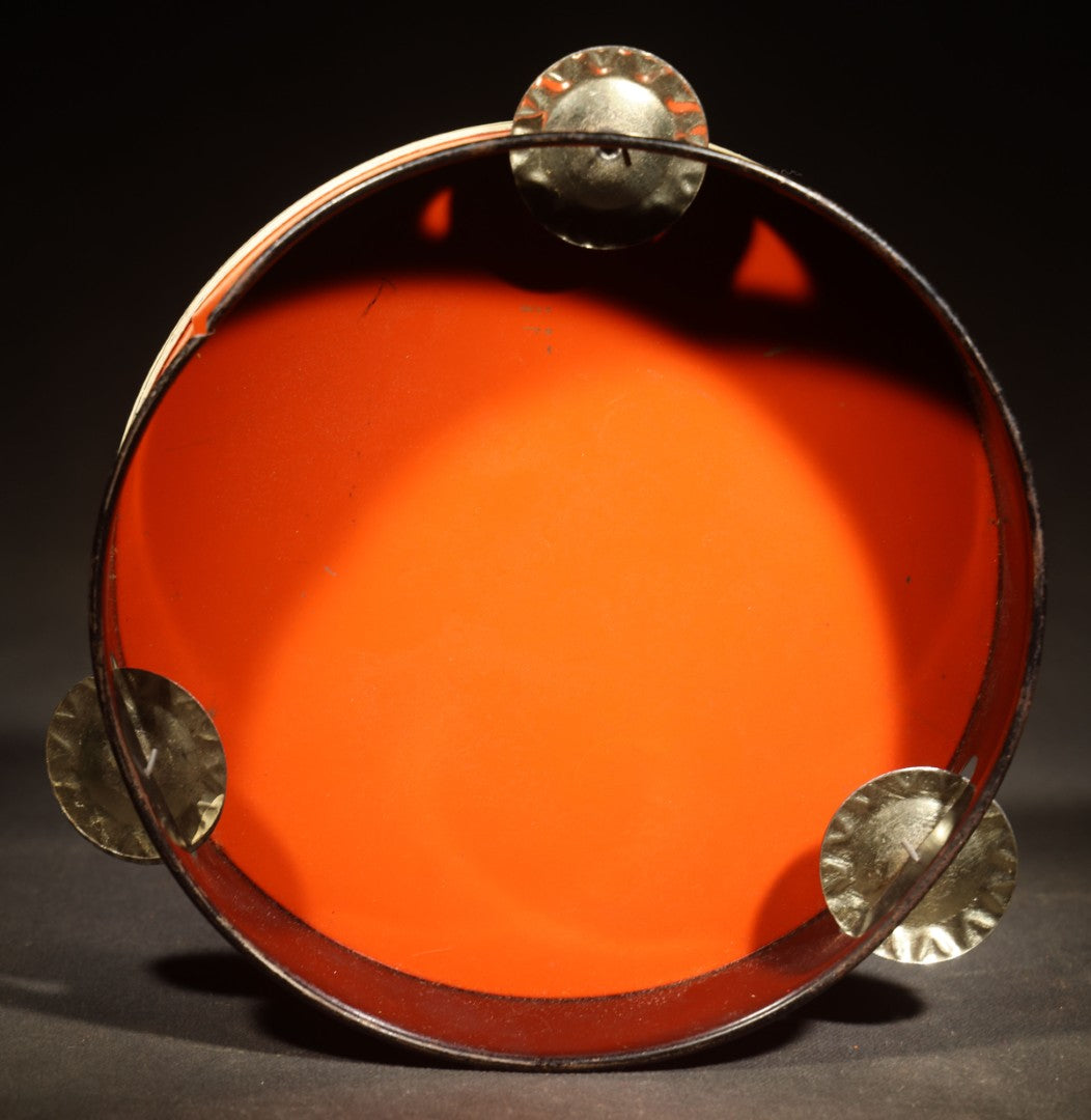 Vintage Halloween Tin Lithograph Toy Tambourine Noisemaker with Jack-O-Lantern Pumpkin and Costume Parade Graphics, Manufactured by U.S. Metal Toy Mfg. Co., Made in U.S.A.