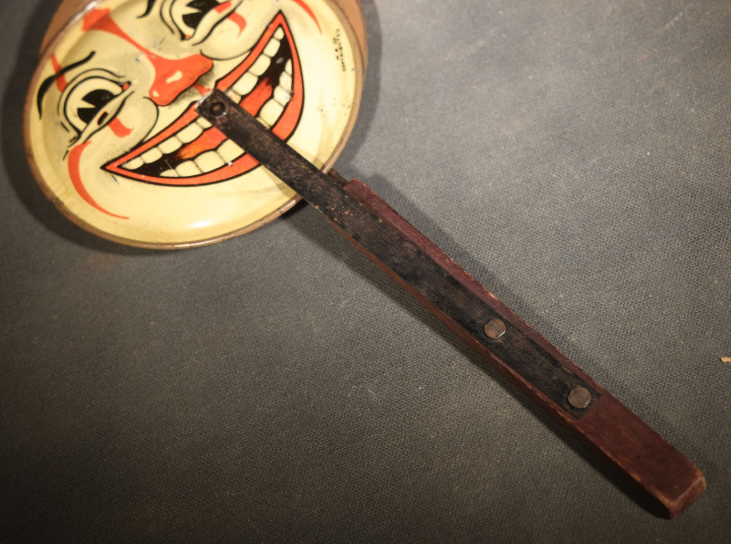 Vintage Tin Lithograph Clapper Noisemaker with Halloween Clown Face Graphics, Manufactured by M.B. Co.