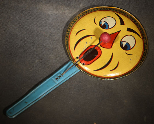 Vintage Tin Lithograph Clapper Noisemaker with Clown and Jack-O-Lantern Face Graphics, Made in Germany