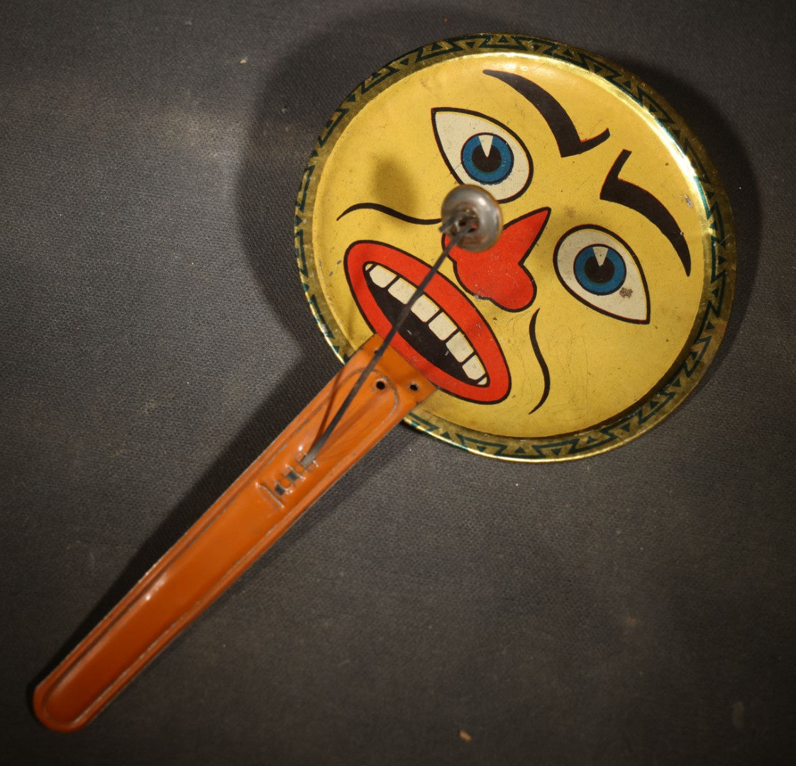 Vintage Tin Lithograph Clapper Noisemaker with Clown and Jack-O-Lantern Face Graphics, Made in Germany