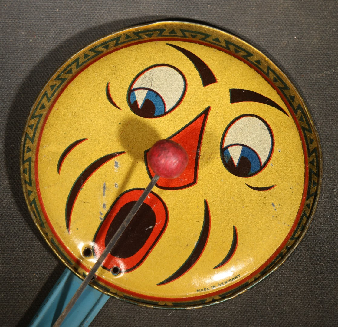 Vintage Tin Lithograph Clapper Noisemaker with Clown and Jack-O-Lantern Face Graphics, Made in Germany