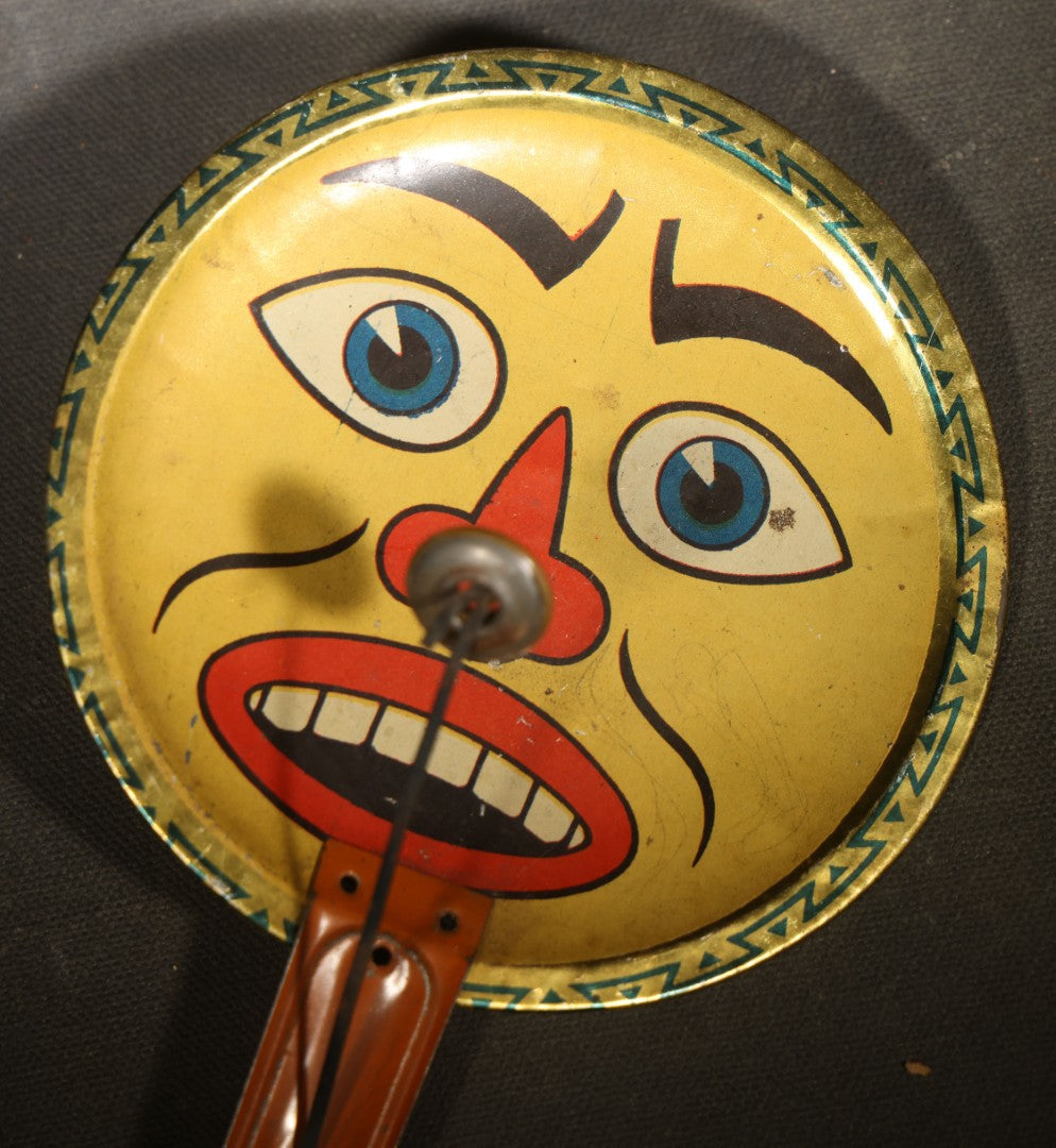 Vintage Tin Lithograph Clapper Noisemaker with Clown and Jack-O-Lantern Face Graphics, Made in Germany