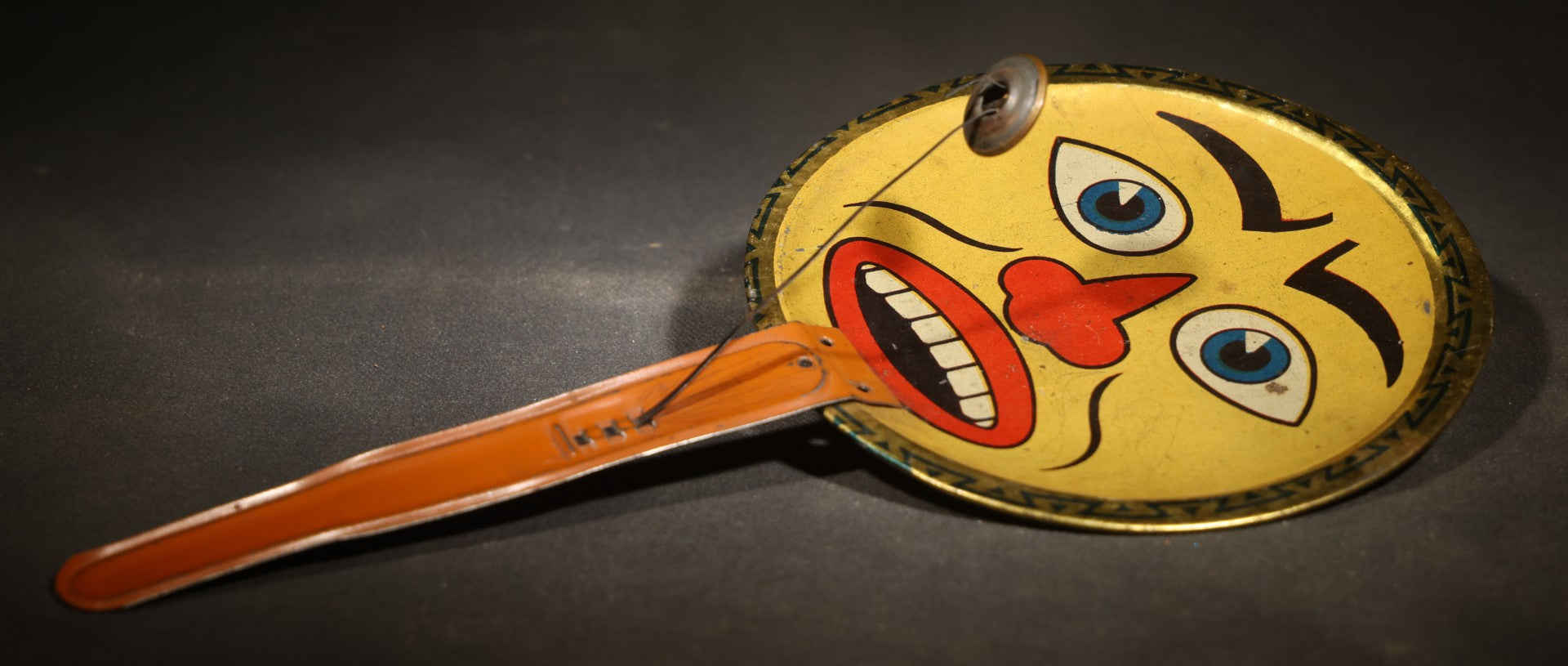 Vintage Tin Lithograph Clapper Noisemaker with Clown and Jack-O-Lantern Face Graphics, Made in Germany