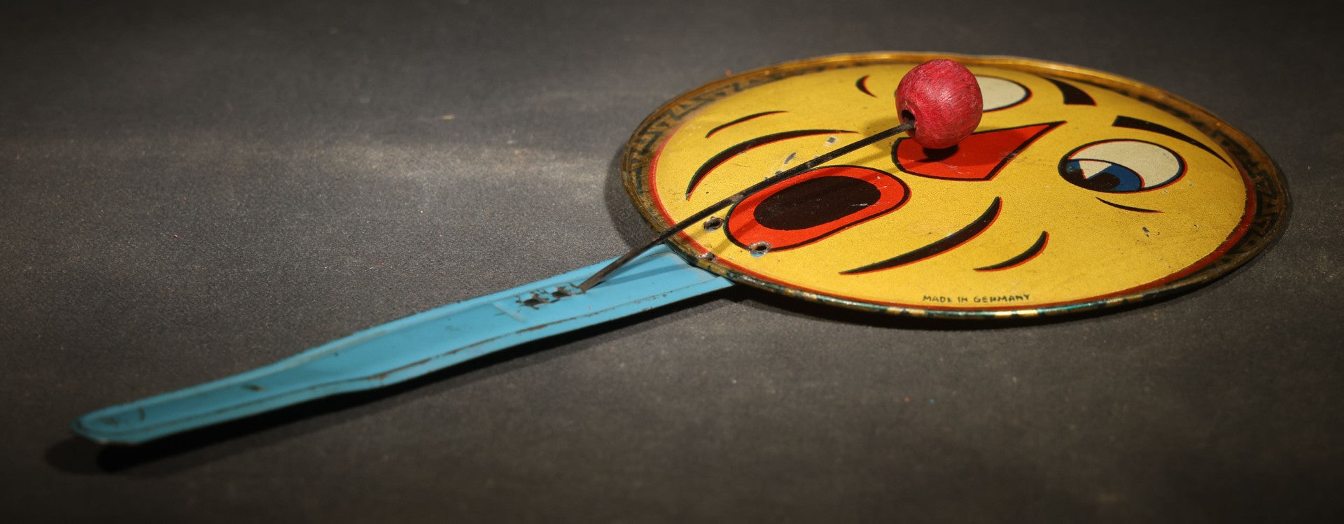 Vintage Tin Lithograph Clapper Noisemaker with Clown and Jack-O-Lantern Face Graphics, Made in Germany