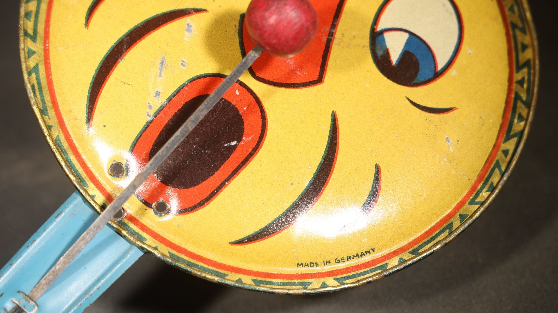 Vintage Tin Lithograph Clapper Noisemaker with Clown and Jack-O-Lantern Face Graphics, Made in Germany