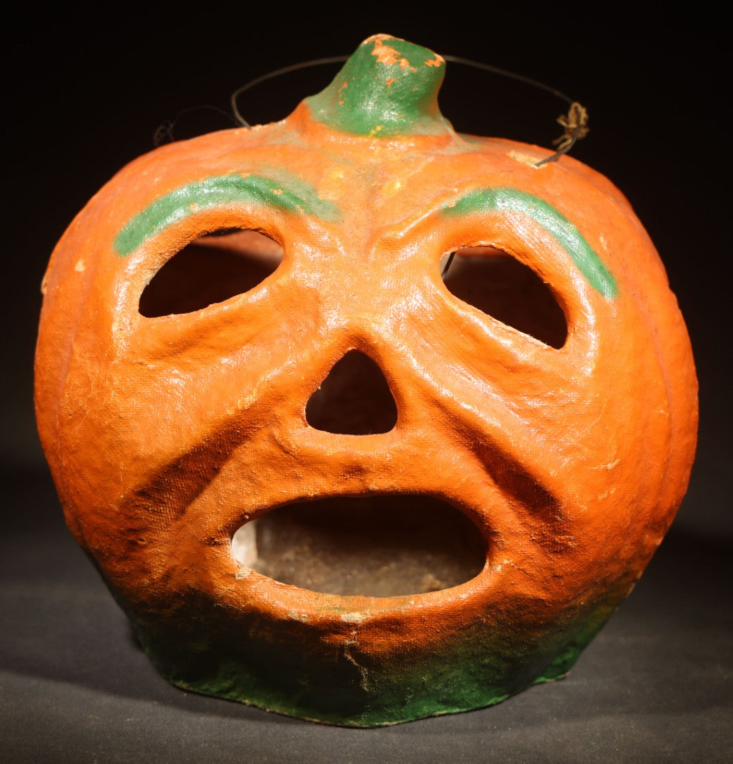 Vintage Papier-Mache / Paper Pulp Halloween Frowning Jack-O-Lantern Pumpkin Lantern with Wire Bail Handle, Missing Paper Insert