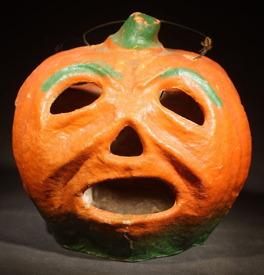 Vintage Papier-Mache / Paper Pulp Halloween Frowning Jack-O-Lantern Pumpkin Lantern with Wire Bail Handle, Missing Paper Insert