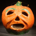 Lot 056 - Vintage Papier-Mache / Paper Pulp Halloween Frowning Jack-O-Lantern Pumpkin Lantern with Wire Bail Handle, Missing Paper Insert, 7" H
