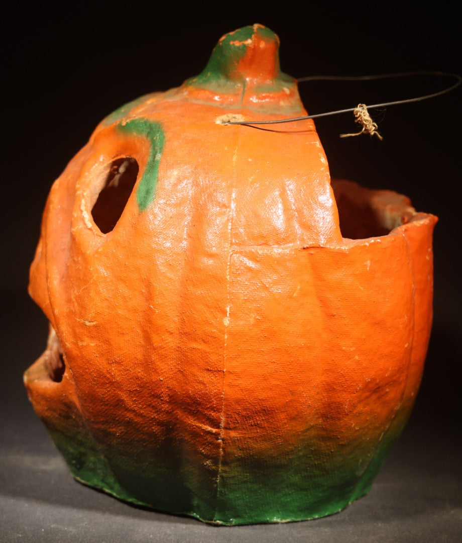 Vintage Papier-Mache / Paper Pulp Halloween Frowning Jack-O-Lantern Pumpkin Lantern with Wire Bail Handle, Missing Paper Insert