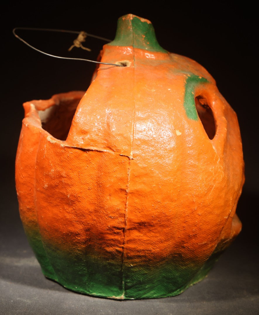 Vintage Papier-Mache / Paper Pulp Halloween Frowning Jack-O-Lantern Pumpkin Lantern with Wire Bail Handle, Missing Paper Insert