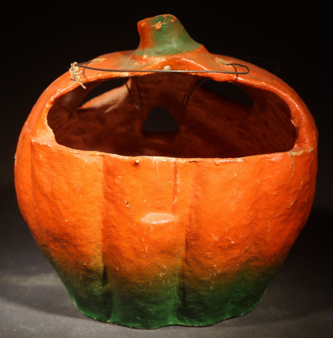 Vintage Papier-Mache / Paper Pulp Halloween Frowning Jack-O-Lantern Pumpkin Lantern with Wire Bail Handle, Missing Paper Insert