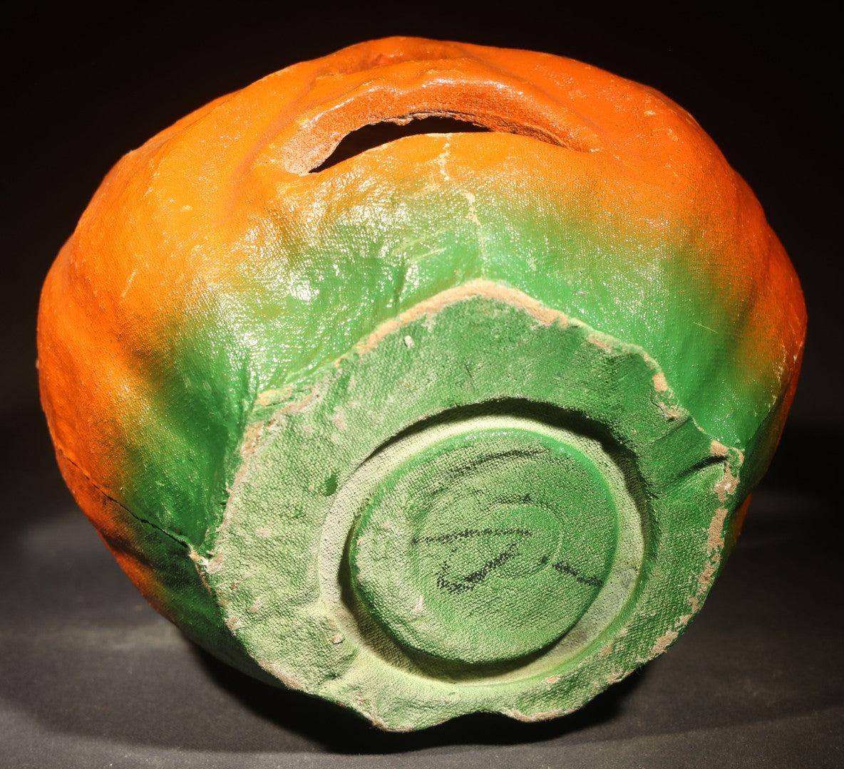 Vintage Papier-Mache / Paper Pulp Halloween Frowning Jack-O-Lantern Pumpkin Lantern with Wire Bail Handle, Missing Paper Insert
