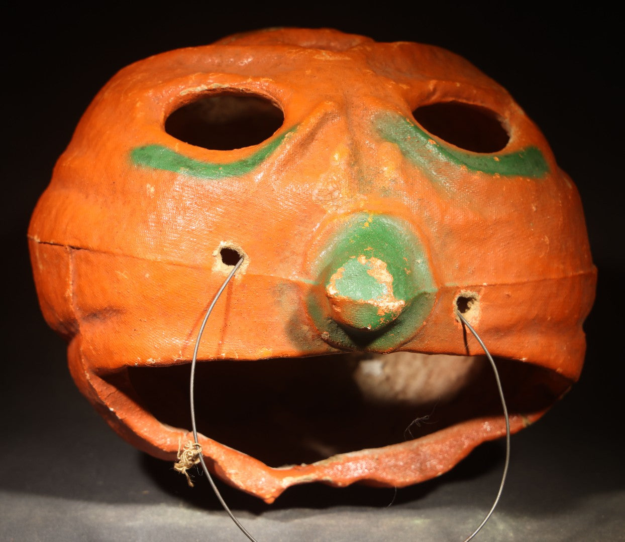 Vintage Papier-Mache / Paper Pulp Halloween Frowning Jack-O-Lantern Pumpkin Lantern with Wire Bail Handle, Missing Paper Insert